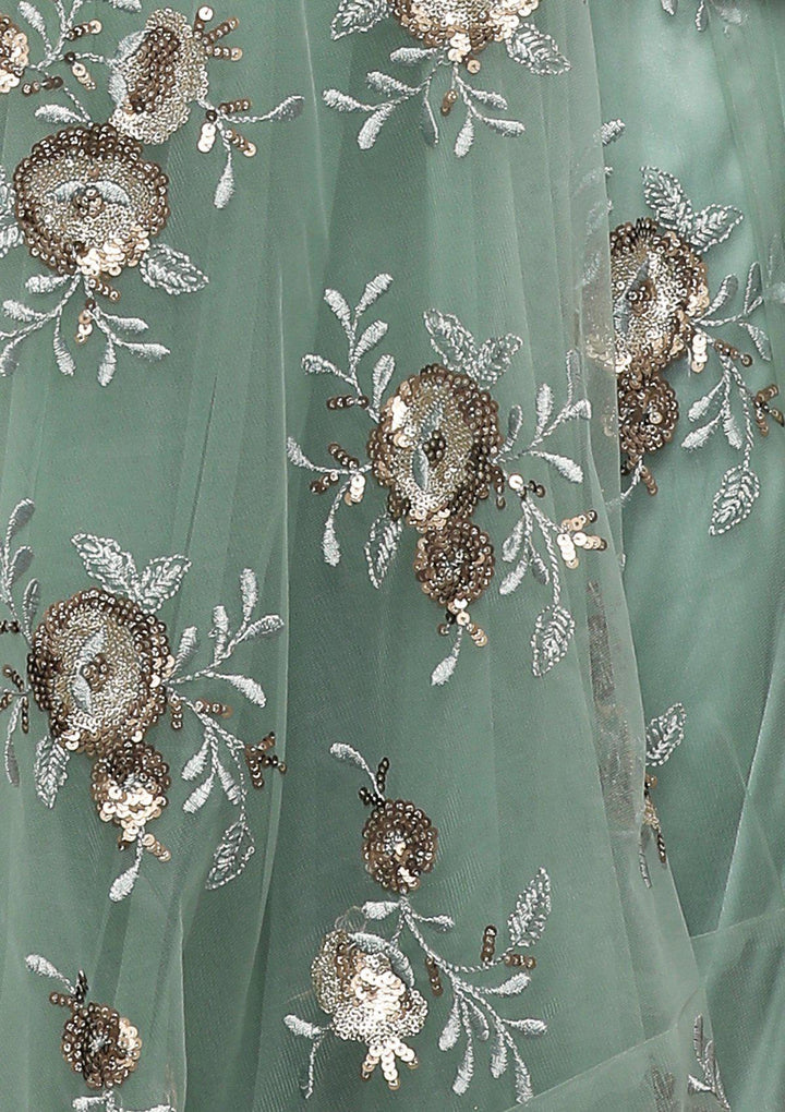 Sea Green Floral Net Designer Lehenga-Koskii
