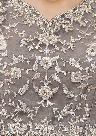 Grey Zari & Stone Work Silk Designer Gown-Koskii