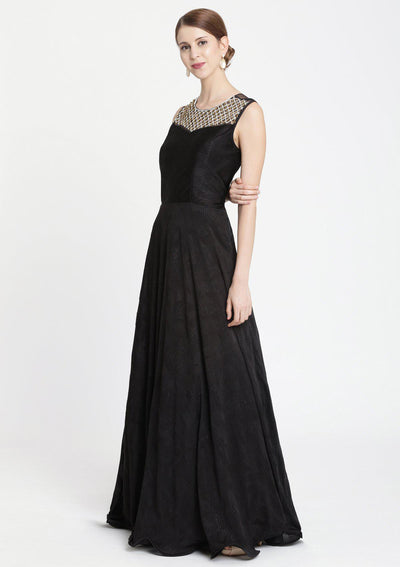 Black Pearlwork Lycra Designer Gown-Koskii