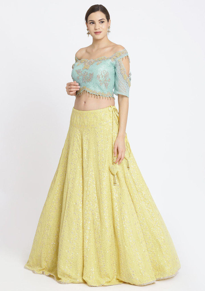 Yellow and Sea Green Chikankari Georgette Designer Lehenga-Koskii