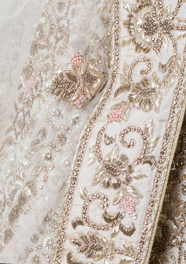 Beige Silk Zardozi Work Designer Lehenga-Koskii