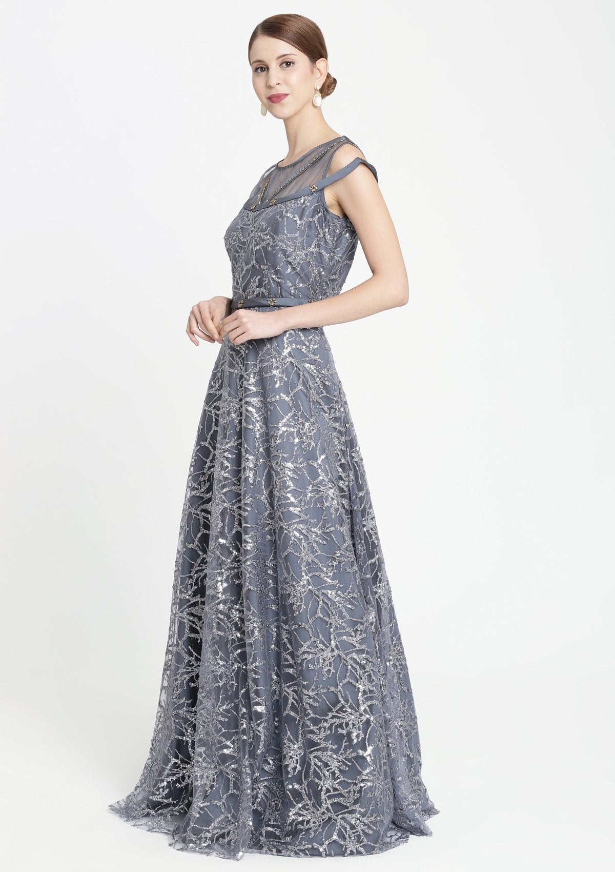 Dark Grey Stonework Net Designer Gown-Koskii