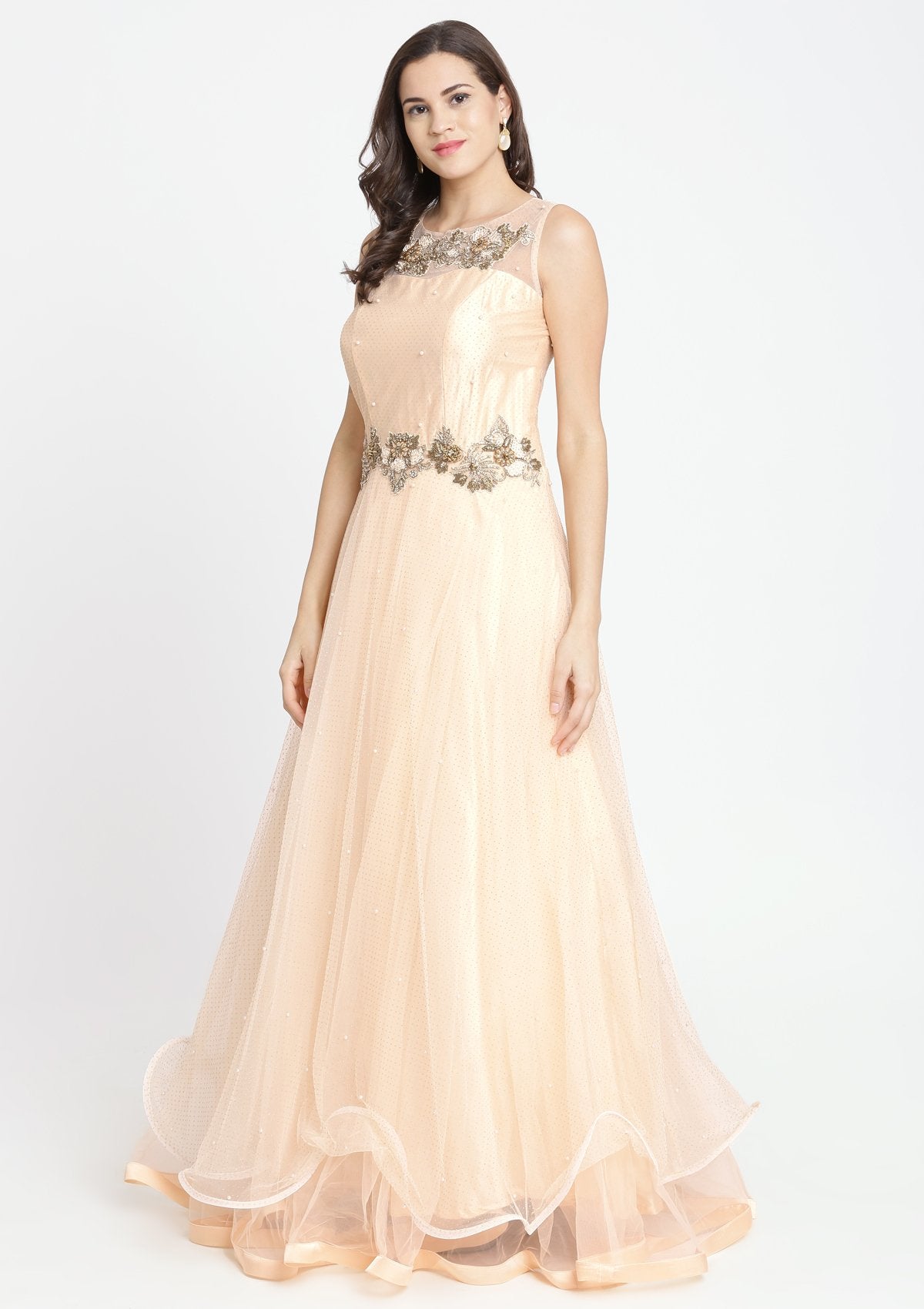 Peach Cutdana Net Designer Gown-Koskii