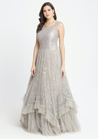 Light Grey Silver Stonework Net Designer Gown-Koskii