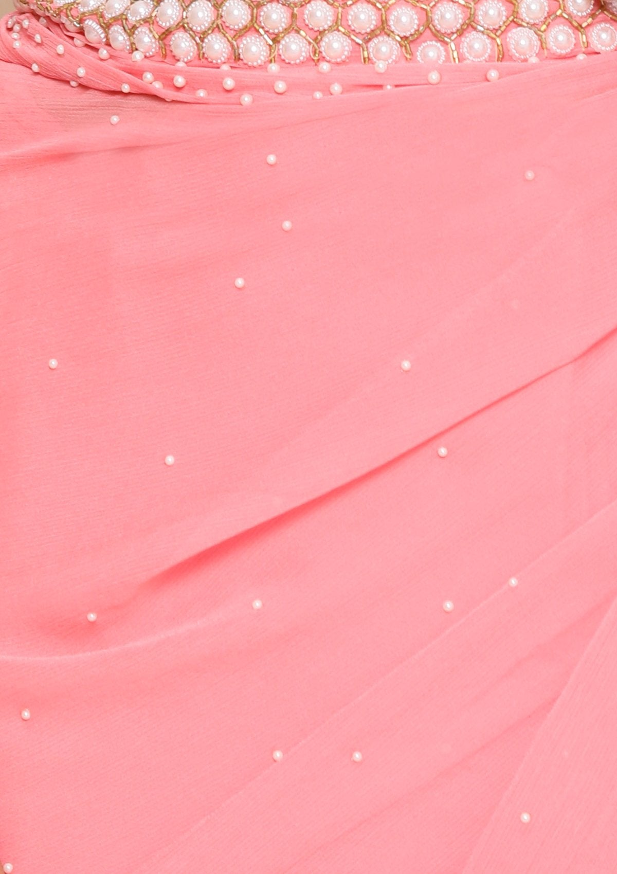 Pink Pearlwork Georgette Designer Saree-Koskii