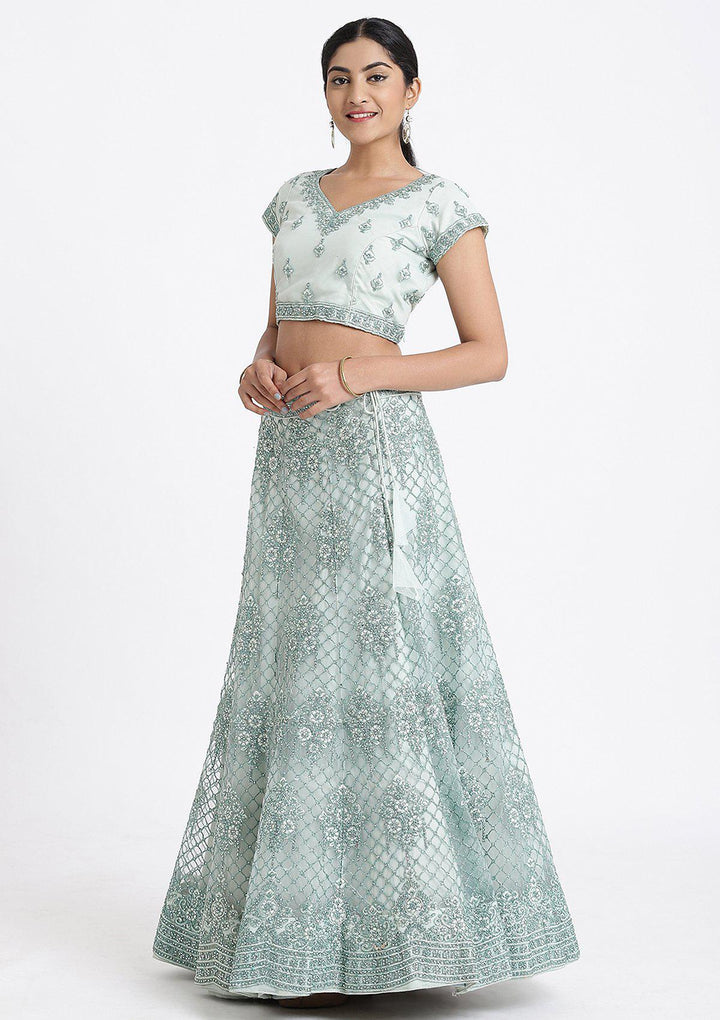 Sea Green Stone Work Net Designer Lehenga-Koskii