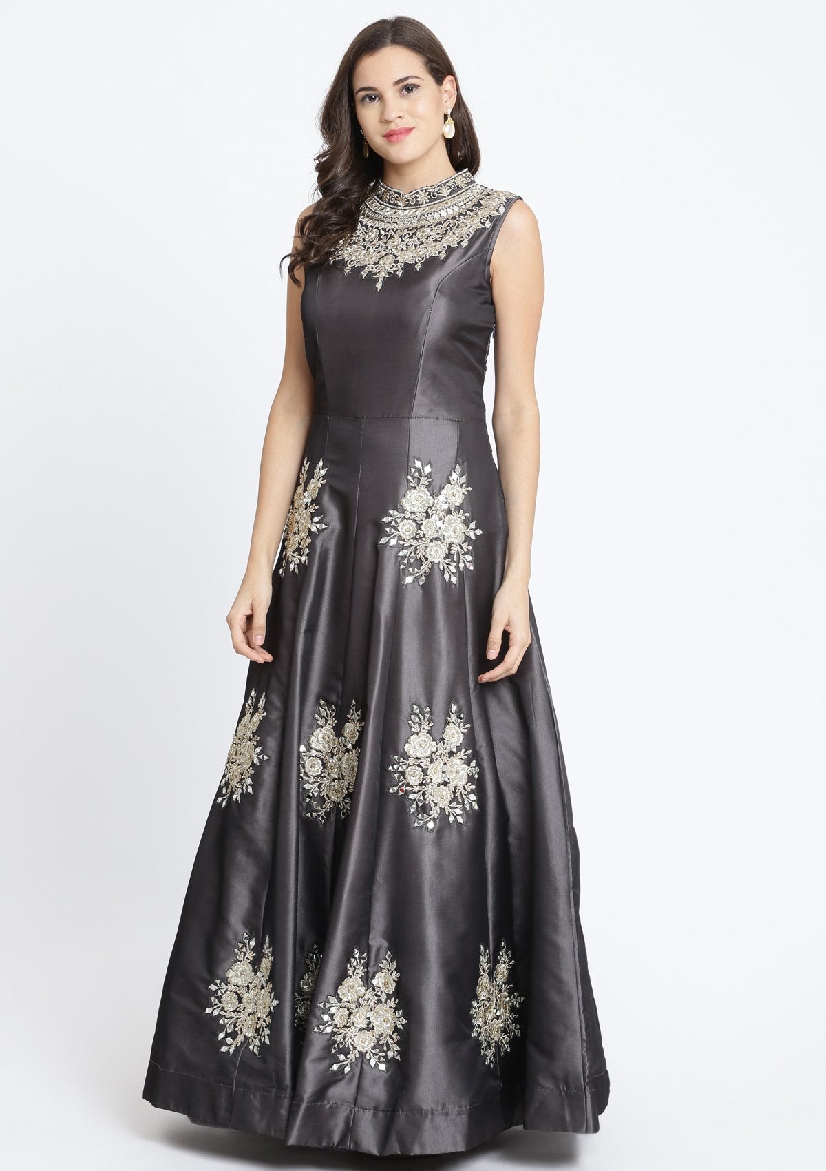 Dark Grey Mirrorwork Art Silk Designer Gown-Koskii