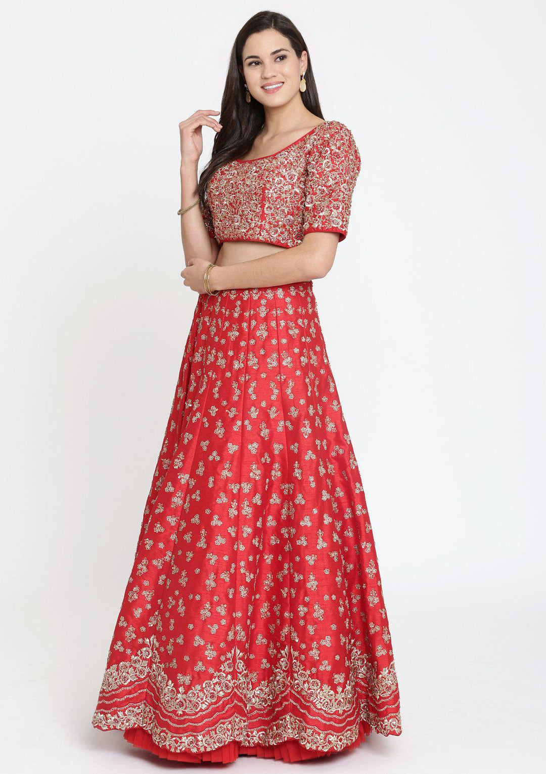 Red Sequinned Raw Silk Designer Lehenga-Koskii