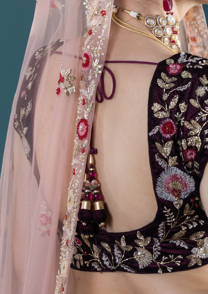 Wine Red Zardozi Work Velvet Designer Lehenga-Koskii