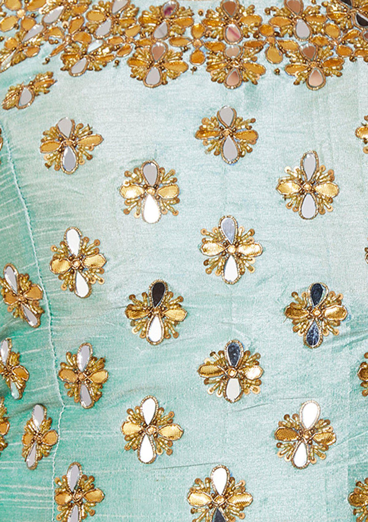 Teal Mirrorwork Net Designer Lehenga-Koskii
