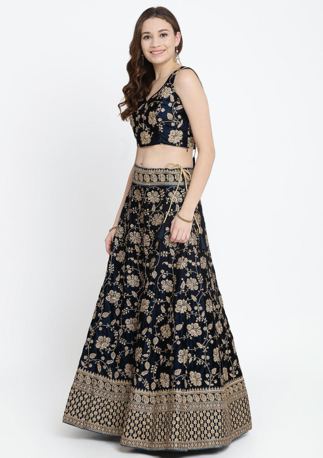 Peacock Blue Stonework Velvet Designer Lehenga-Koskii
