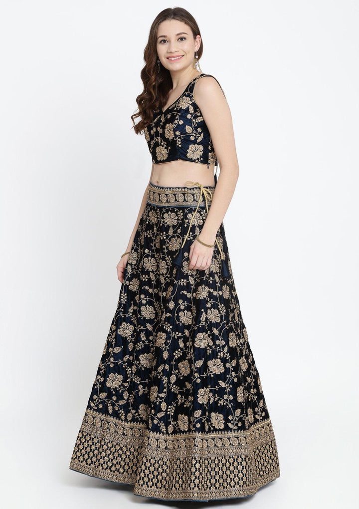 Peacock Blue Stonework Velvet Designer Lehenga-Koskii