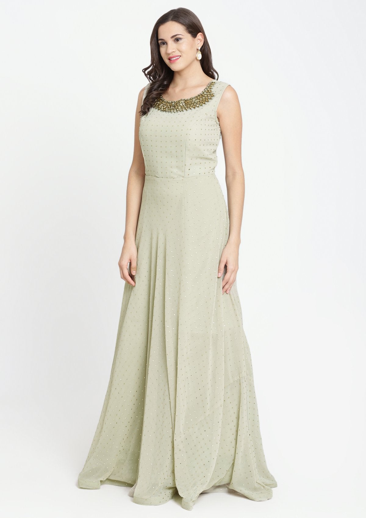 Pista Green Badla-work Georgette Designer Gown-Koskii