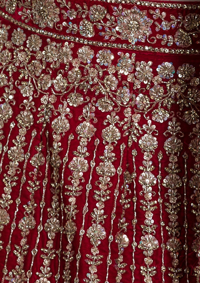 Red Thread Work Velvet Bridal Designer Lehenga-Koskii