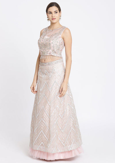 Baby Pink Silver Stonework Net Designer Lehenga-Koskii