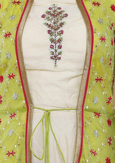 Cream and Green Thread Embroidered Silk Designer Gown-Koskii