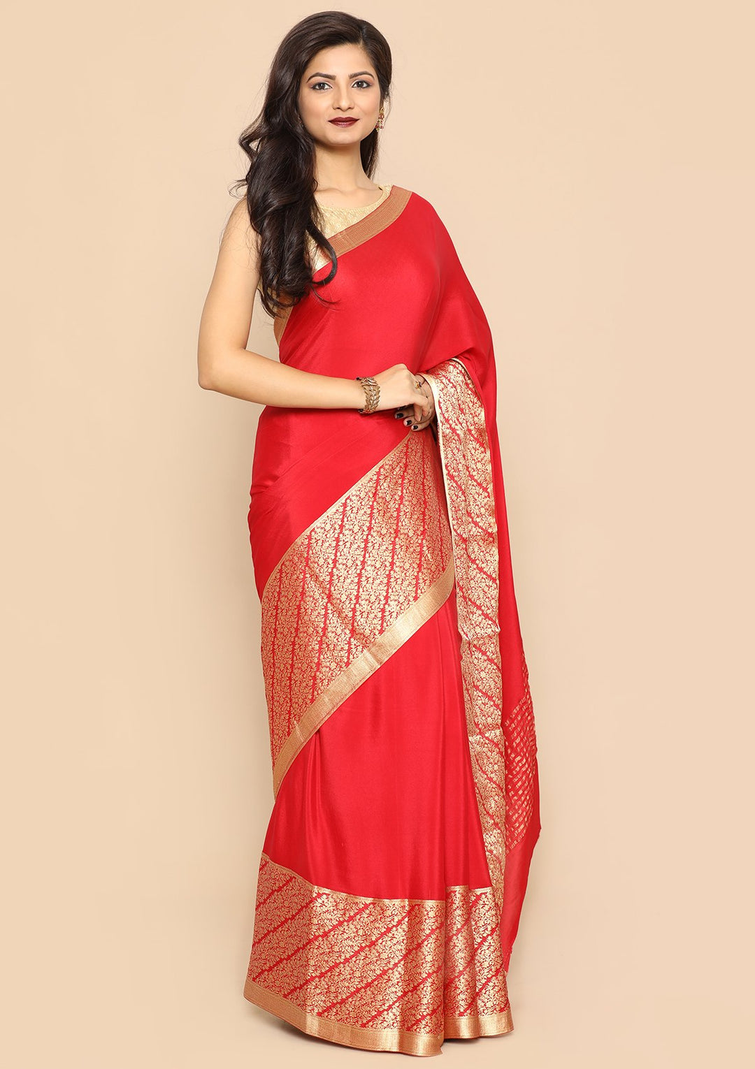 Bright Red Zari Bordered Handmade Saree-Koskii