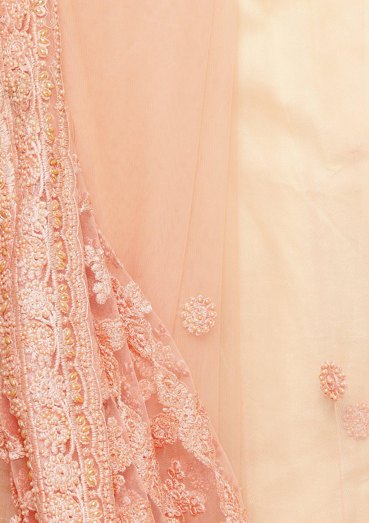 Coral Pink Threadwork Pearl Designer Saree-Koskii