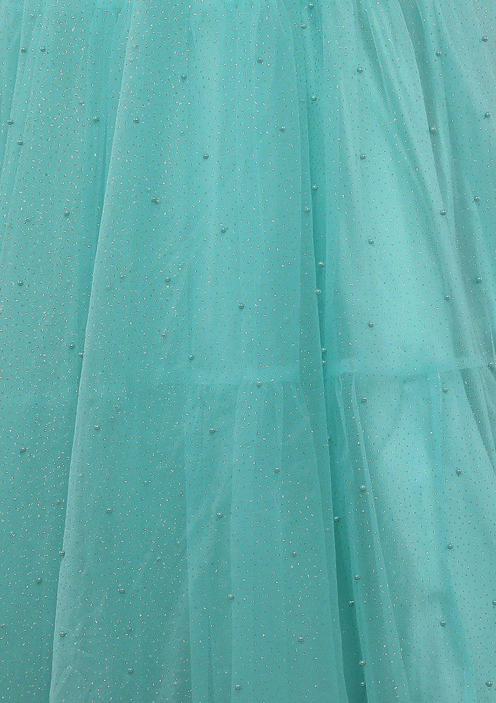 Sea Green Pearl Work Net Designer Lehenga-Koskii