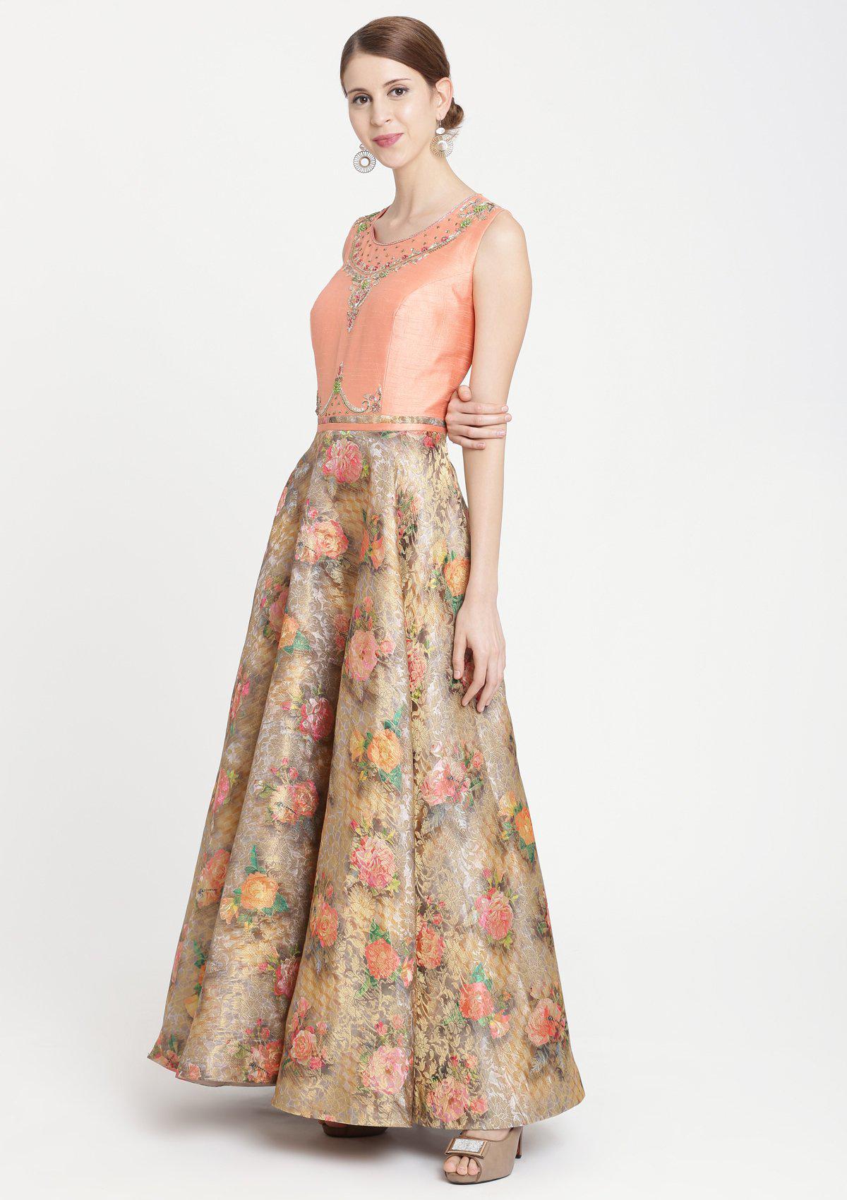 Peach Stonework Banarasi Designer Gown-Koskii