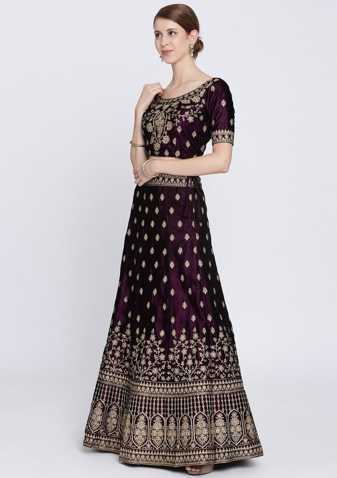 Wine Zariwork Velvet Designer Lehenga-Koskii