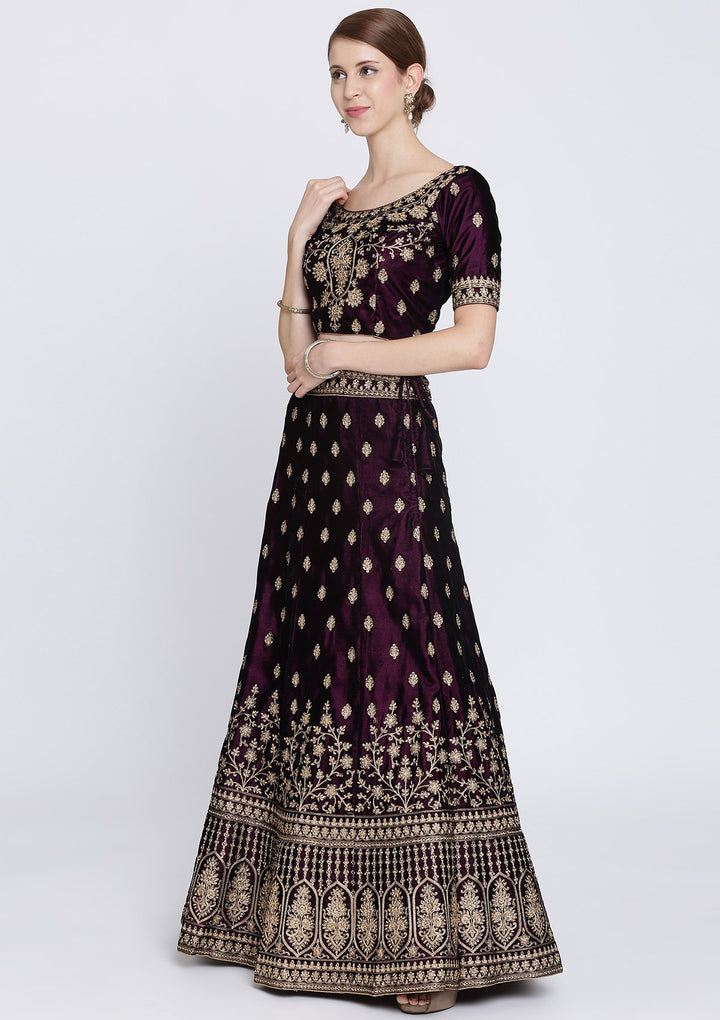 Wine Zariwork Velvet Designer Lehenga-Koskii