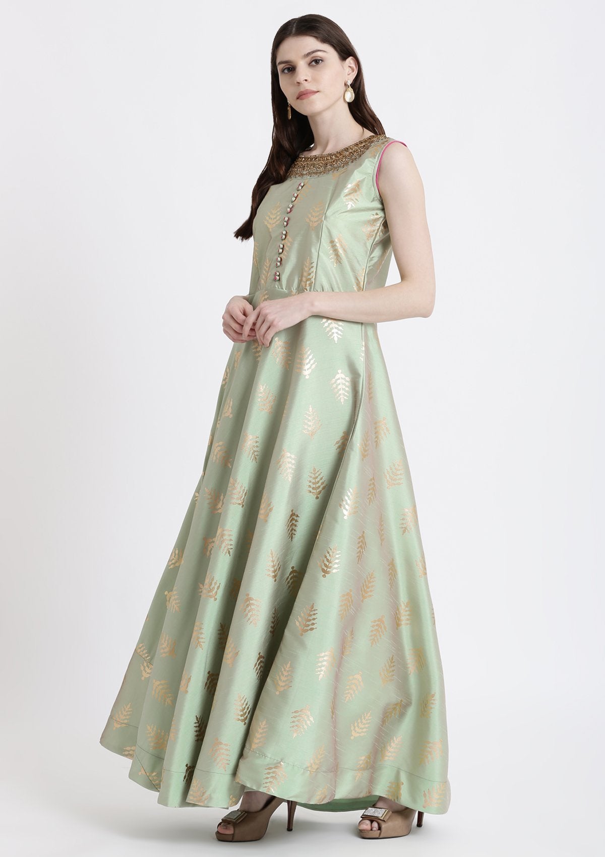 Pista Green Stonework Rawsilk Designer Gown-Koskii