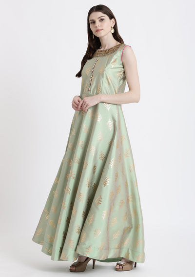 Pista Green Stonework Rawsilk Designer Gown-Koskii