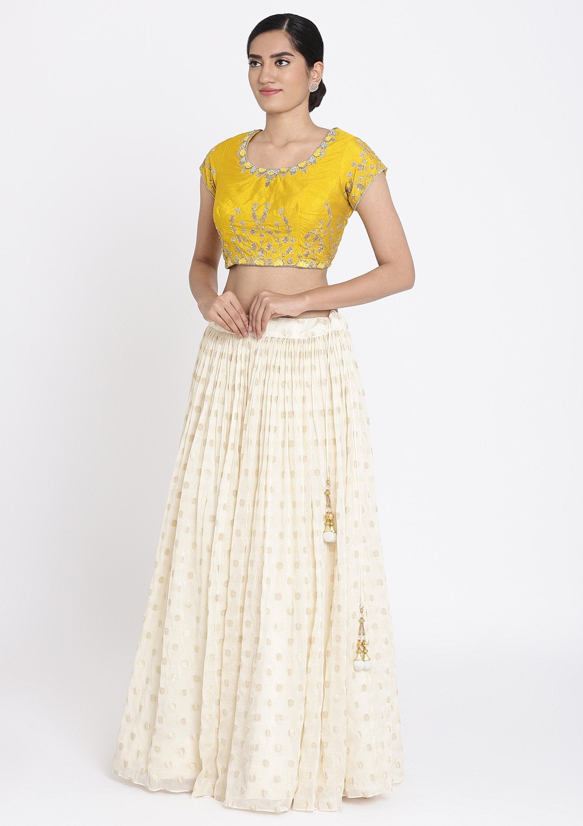 Cream And Yellow Zardosi Georgette Designer Lehenga - koskii
