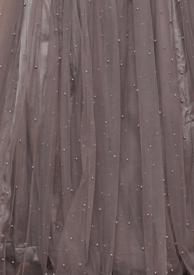 Dark Grey Pearl Embellished Satin Silk Designer Lehenga-Koskii
