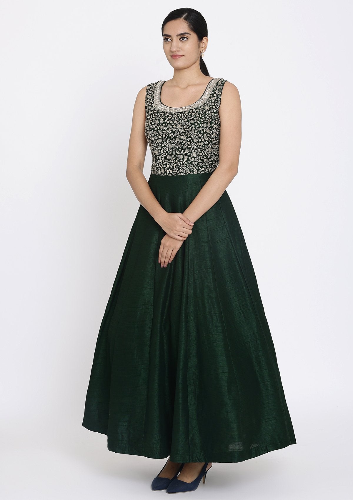 Bottle Green Zariwork Raw Silk Designer Gown - koskii