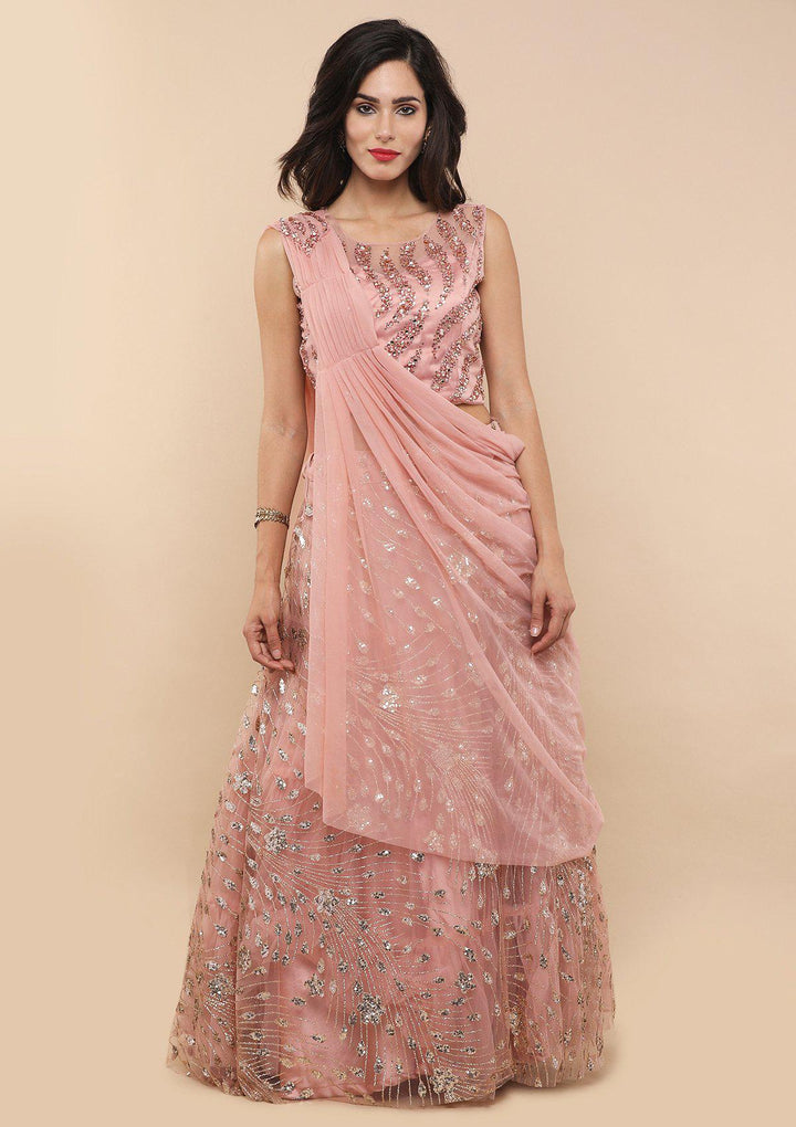 Dusty Rose Drape Net Designer Lehenga-Koskii