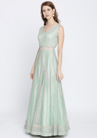 Pista Green Mirrorwork Net Designer Gown-Koskii