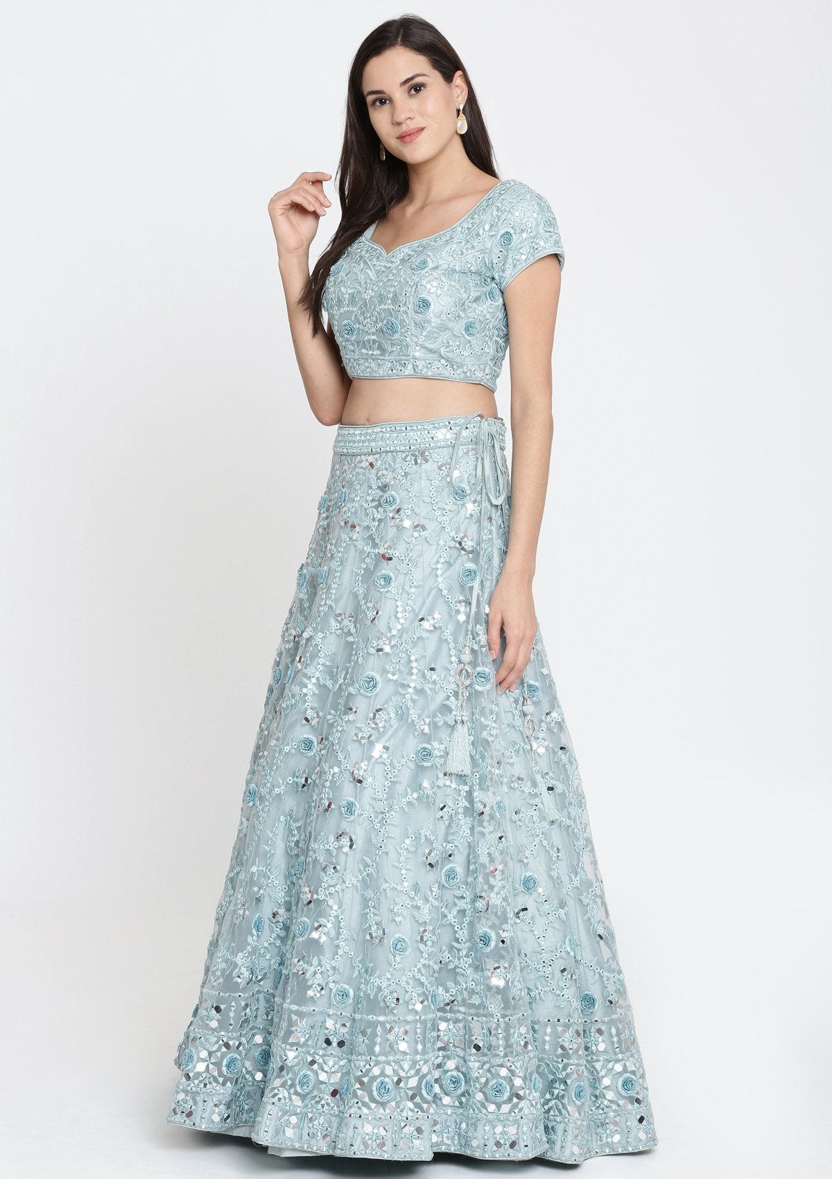 Sea Green Mirror Work Net Designer Lehenga-Koskii