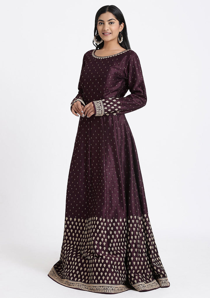 Wine Zariwork Rawsilk Designer Gown-Koskii