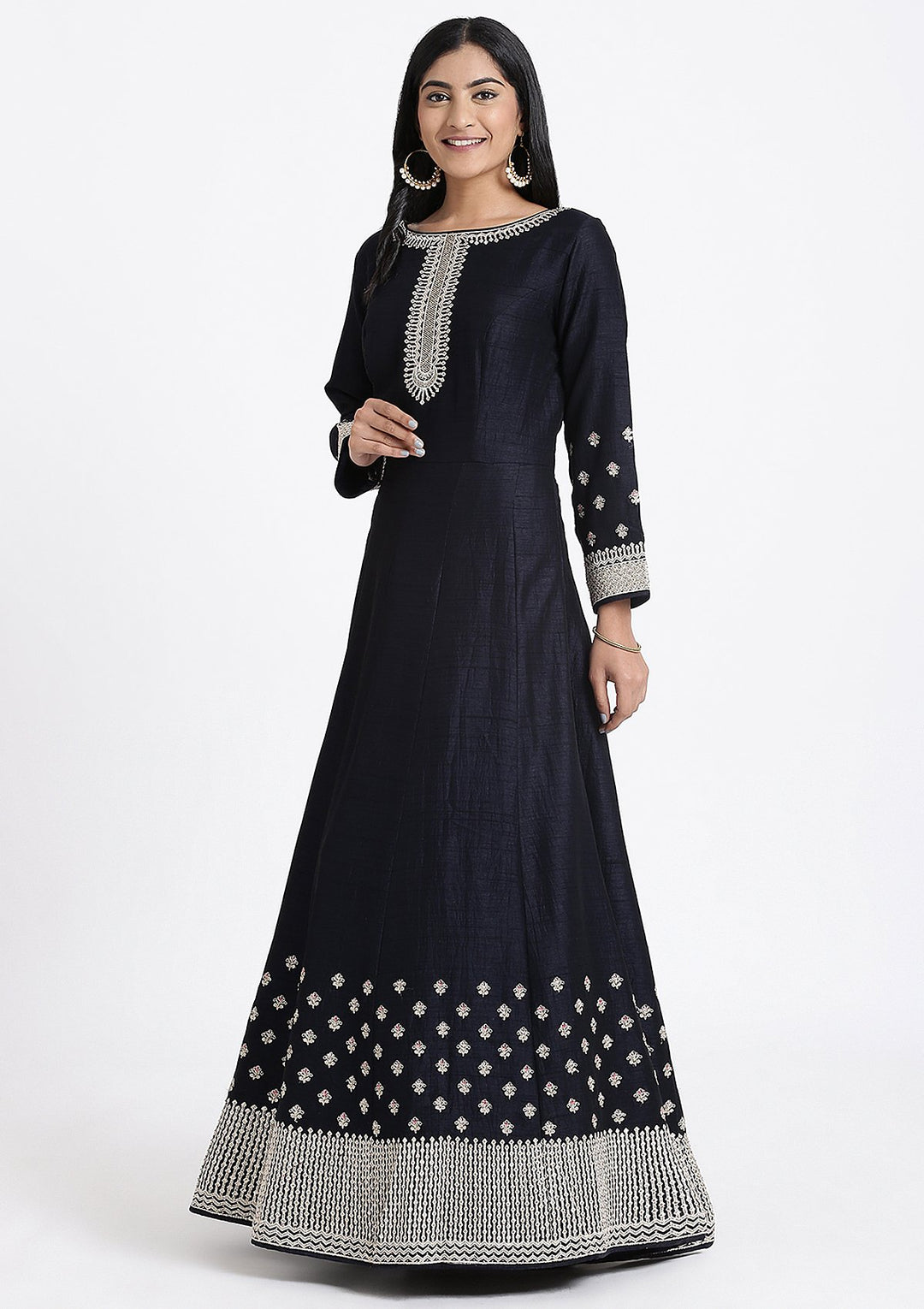 Navy Blue Zari Work Rawsilk Designer Gown-Koskii