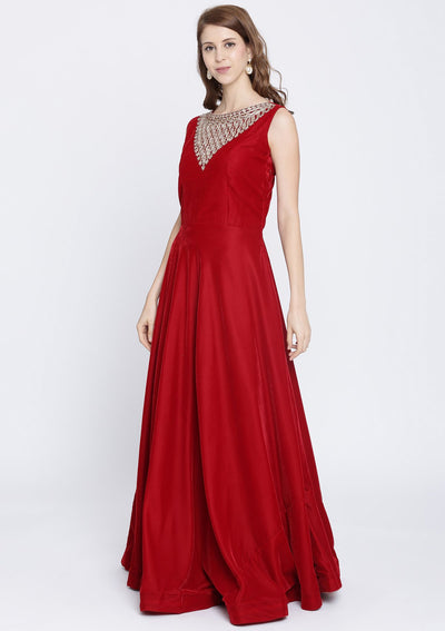 Red Zardosi Velvet Designer Gown-Koskii