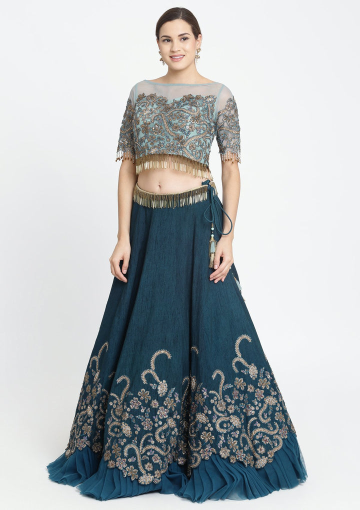 Peacock Blue Zariwork Raw Silk Designer Lehenga-Koskii