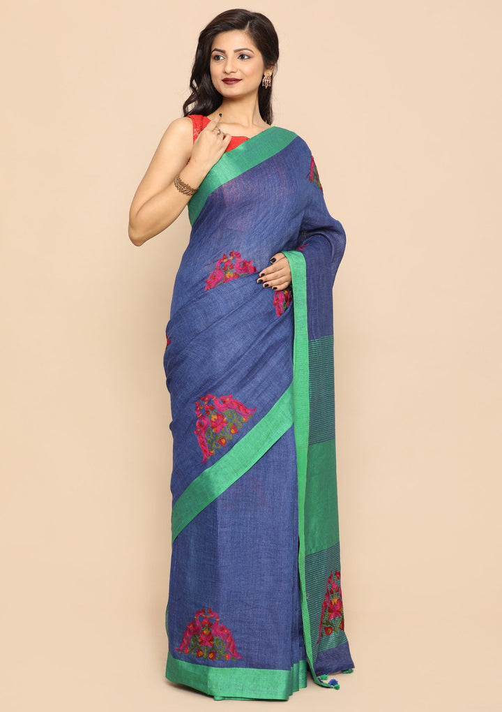 Green and Blue Chequered Handmade Saree-Koskii