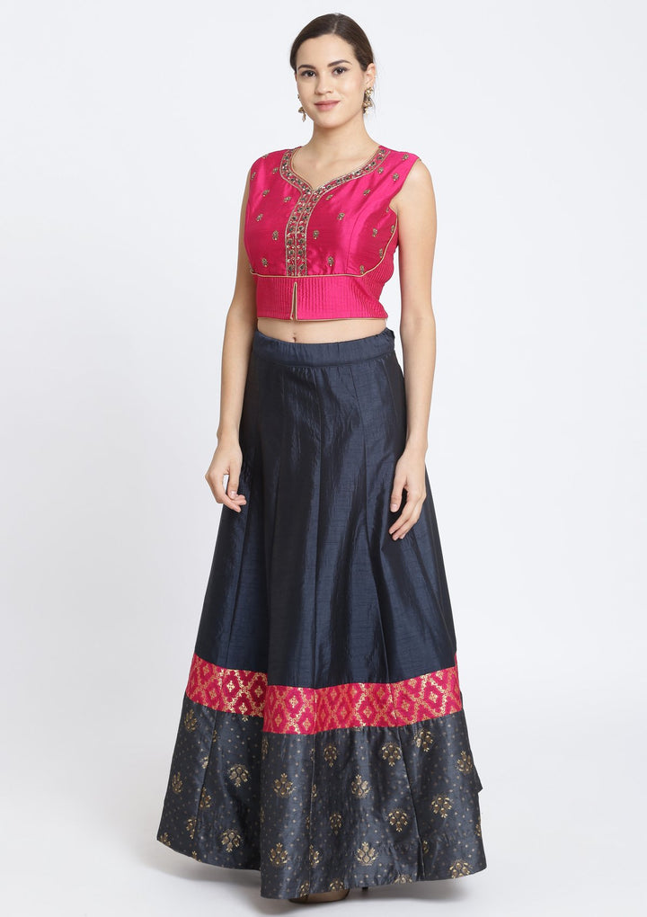 Navy Blue and Fuschia Cutdana Rawsilk Designer Lehenga-Koskii