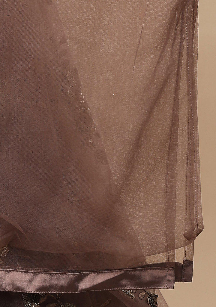 Dark Mauve Floral Net Designer Lehenga-Koskii