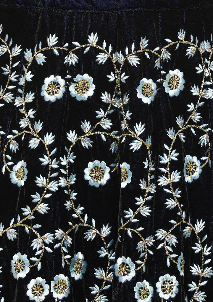 koskii blue floral velvet bridal lehenga-Koskii