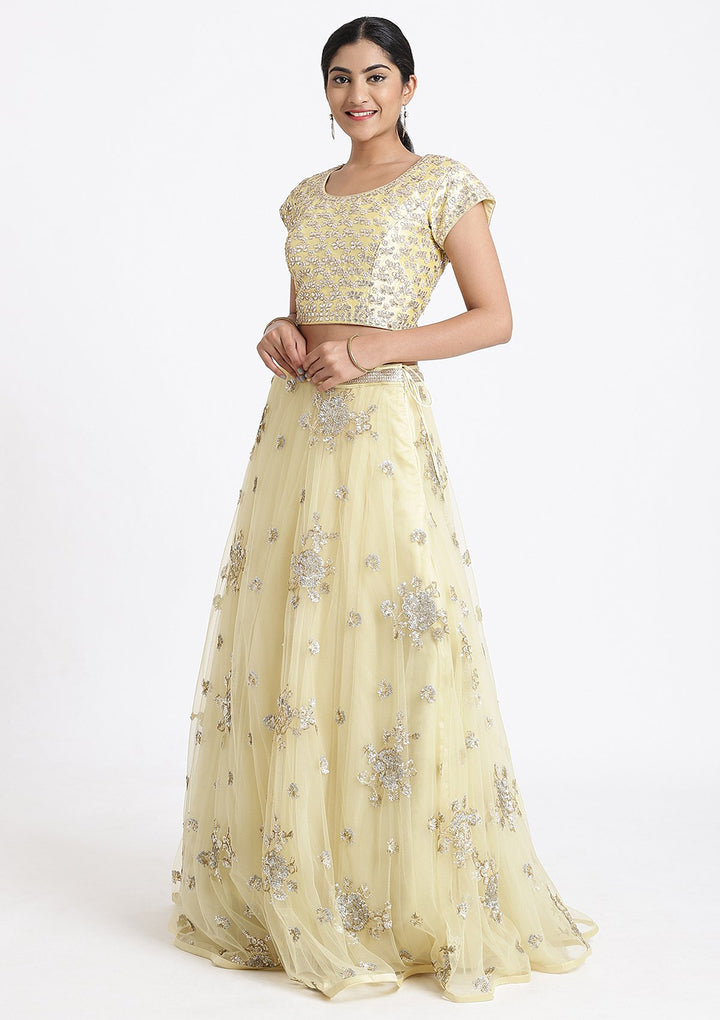Lemon Yellow Gota Patti Net Designer Lehenga-Koskii
