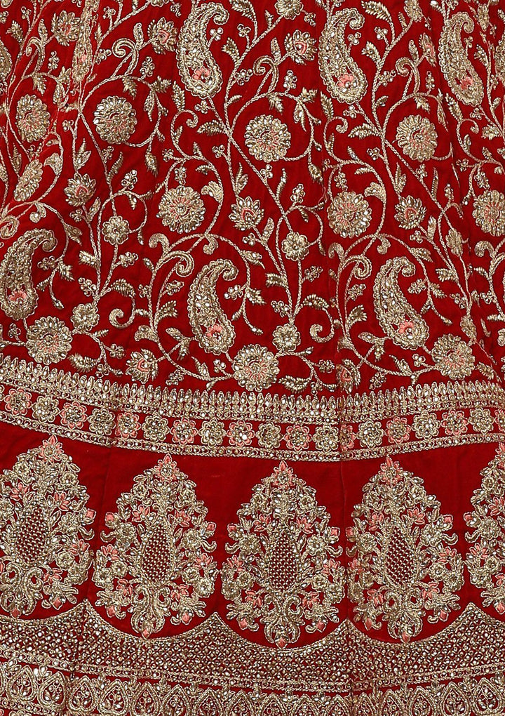 Red Stone Work Velvet Designer Lehenga-Koskii