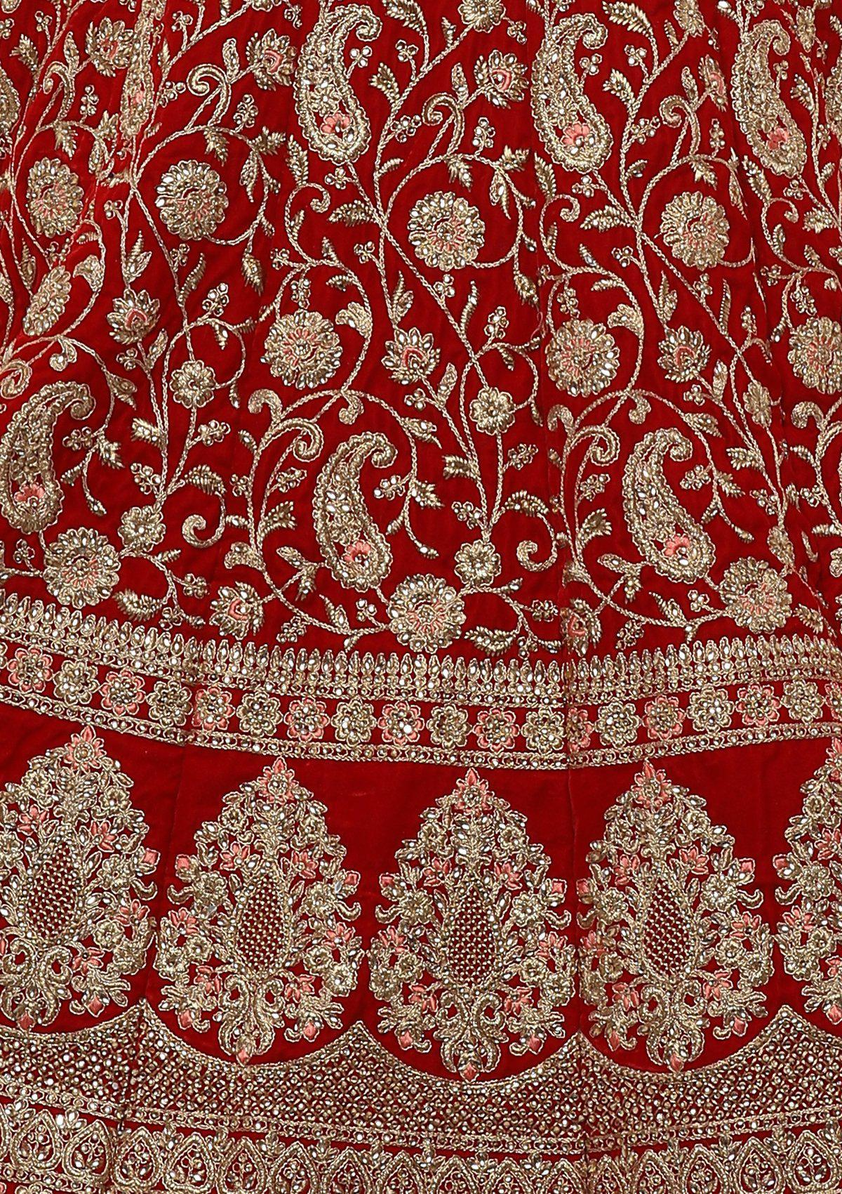 Red Stone Work Velvet Designer Lehenga-Koskii