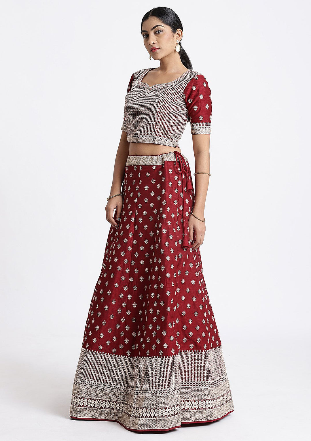 Maroon Zari Work Rawsilk Designer Lehenga-Koskii