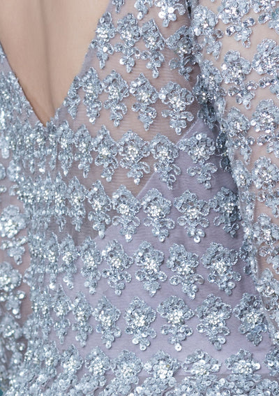 Grey Silver Zari Work Net Designer Gown-Koskii