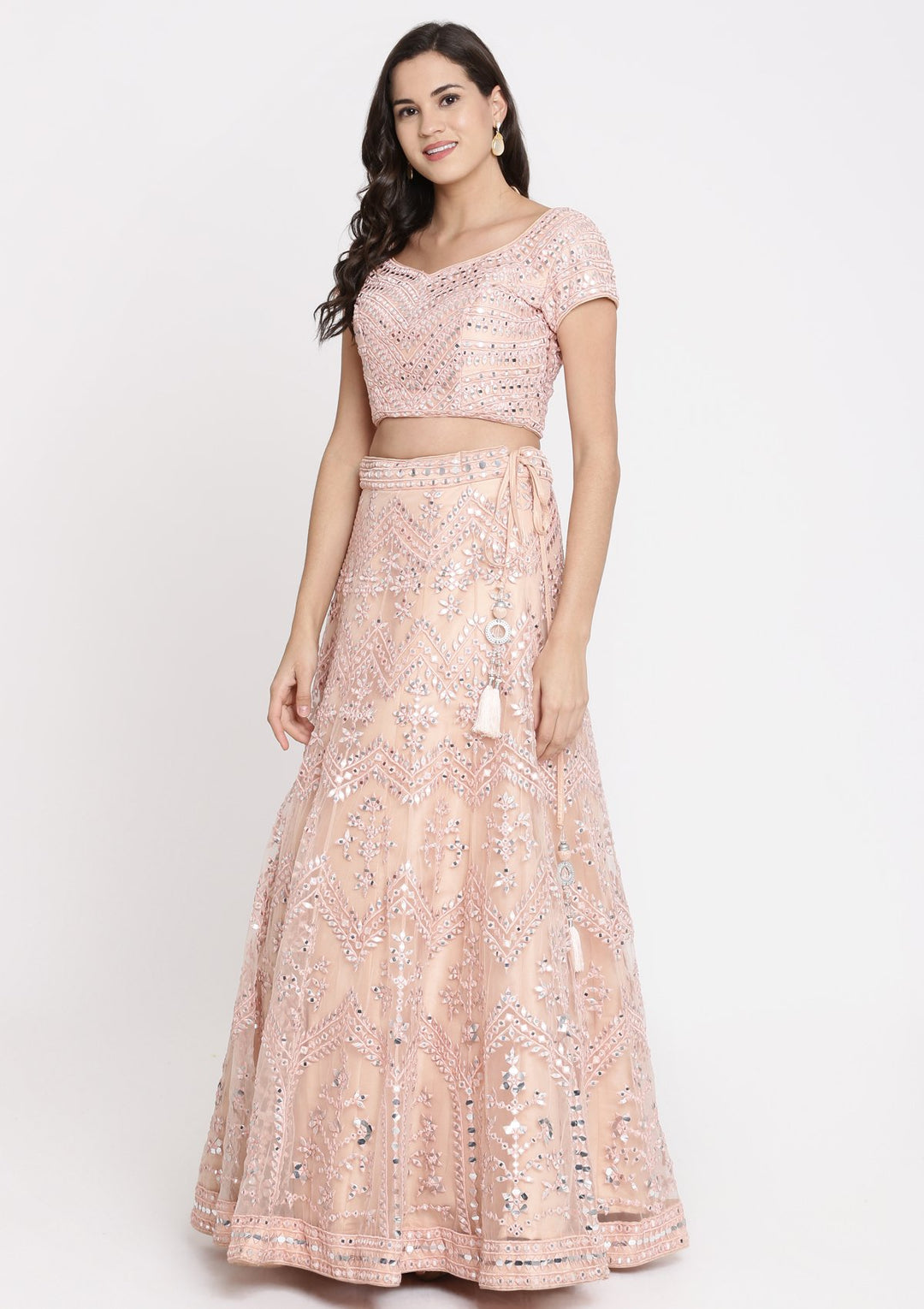 Peach Mirrorwork Net Designer Lehenga-Koskii