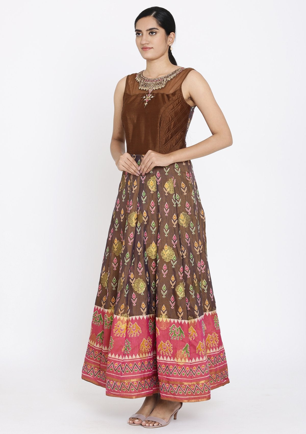 Brown Stonework Art Silk Designer Gown - koskii