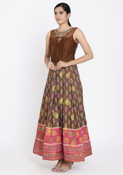 Brown Stonework Art Silk Designer Gown - koskii